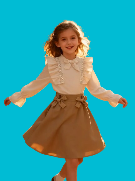 Robe trapèze à manches longues pour filles avec col contrasté et détail de cercle doré - Robe